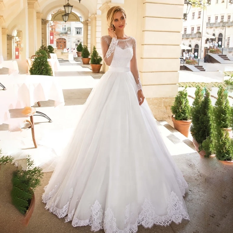 

L9710 Long Sleeve Lace Applique Wedding Dresses Beading Bridal Gown Lace Up wedding Dress Ball Gown Chapel Train