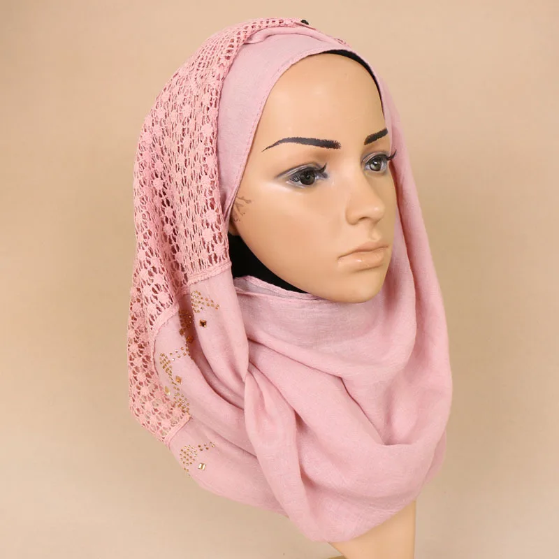 Elegant Islamic Women Shawl In Stock Rhinestone Lace Hijab Arabic 