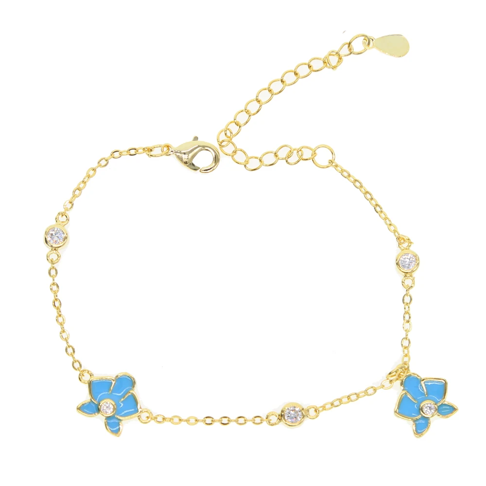 

2017 luxury women enamel blue color flower silver & gold chain bracelet for christmas jewelry gift