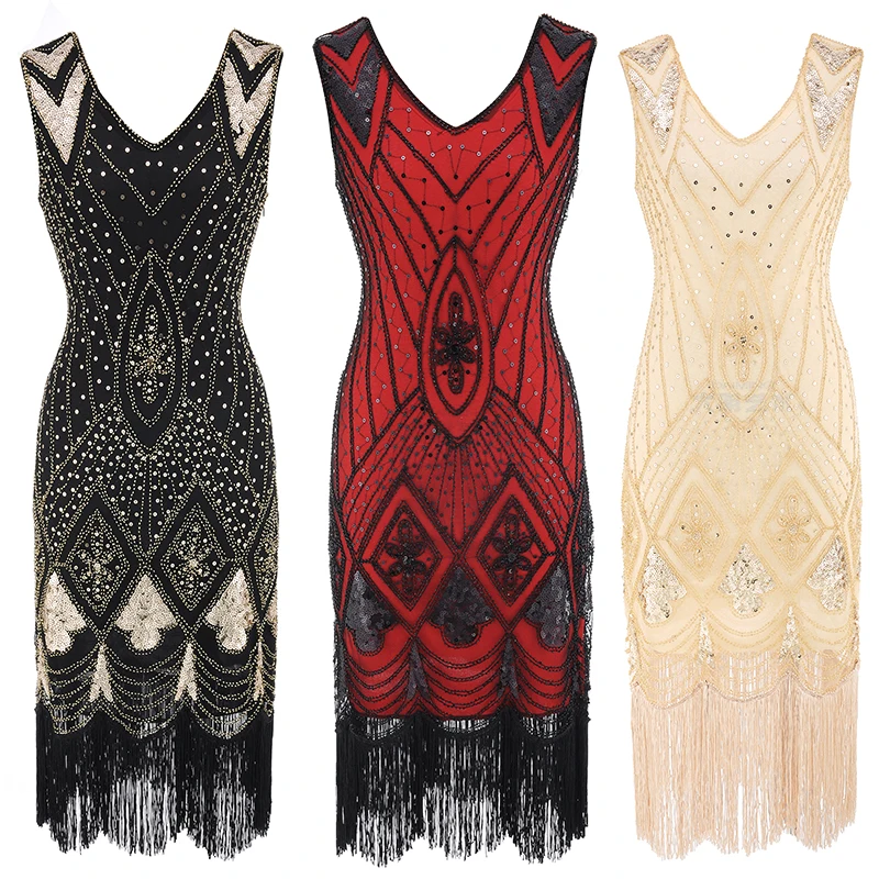 

ecoparty customized OEM V-Neck Sleeveless 1920s Gatsby Flapper Sequin Fringe Cocktail Dress Costume 088, N/a