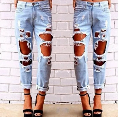 

China jeans factory wholesale directly high quality boyfriend punky street stylish ripped hollow out baggy washed jeans women