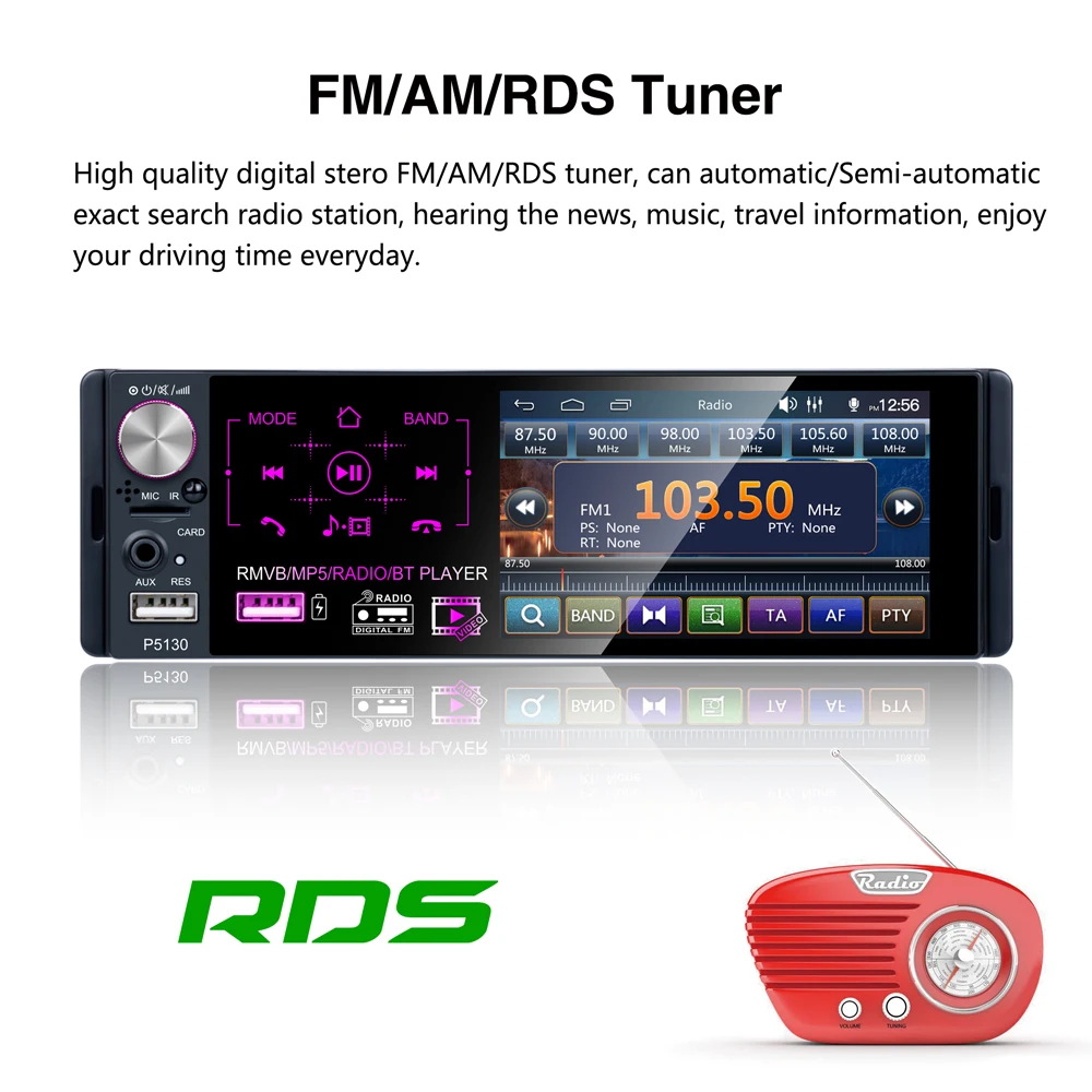AM/FM/RDS Radio Receiver Dual USB Port Bluetooth Car Audio Video Player AUX In Rear Mic In MirrorLink Podofo Single Din Car Stereo 4.1 Capacitive Touchscreen Support SIRI Smart AI Voice Control 