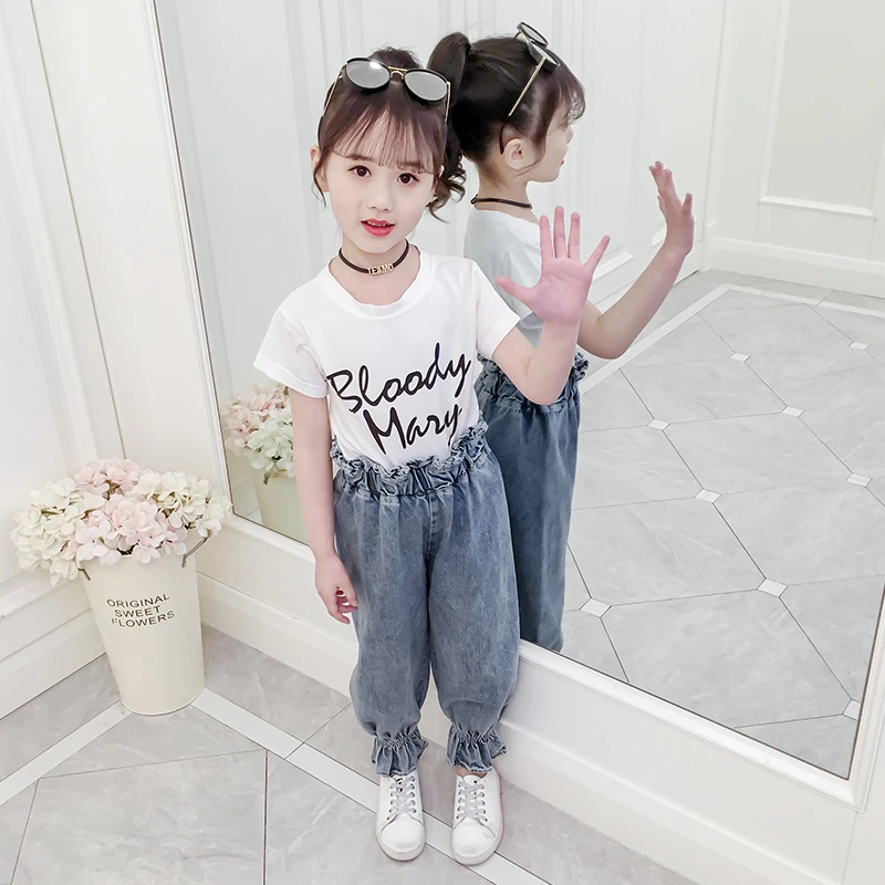 
New Fashion Girls Spring High Waist Denim Pants Kids Korean Design Loose Jeans 