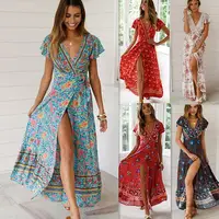 

High Quality Summer Women Sky Blue V Neck Beach Resort Floral Printed Maxi Dress Bohemian Wrap Split Maxi Party Dress 30% off