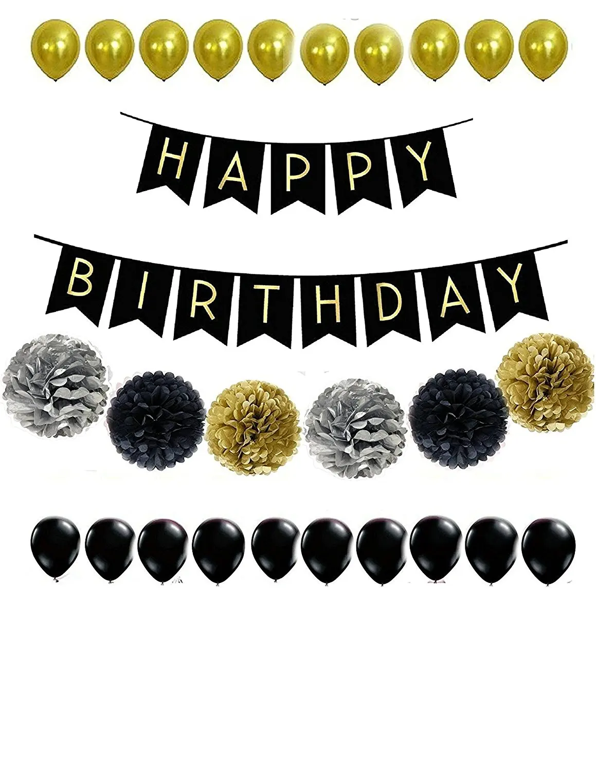 Amazing 27 Pcs Black, Gold and Silver Pom Poms Party Kit, Decoration Garland, Balloons, dots - Birthday, Bachelorette Parties, Wedding, Graduation, Anniversary