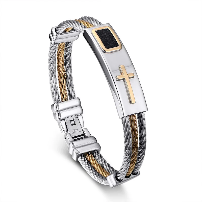 

fashion 18k gold wire snap button christian jesus cross bangle bracelet stainless steel men bracelets wholesale