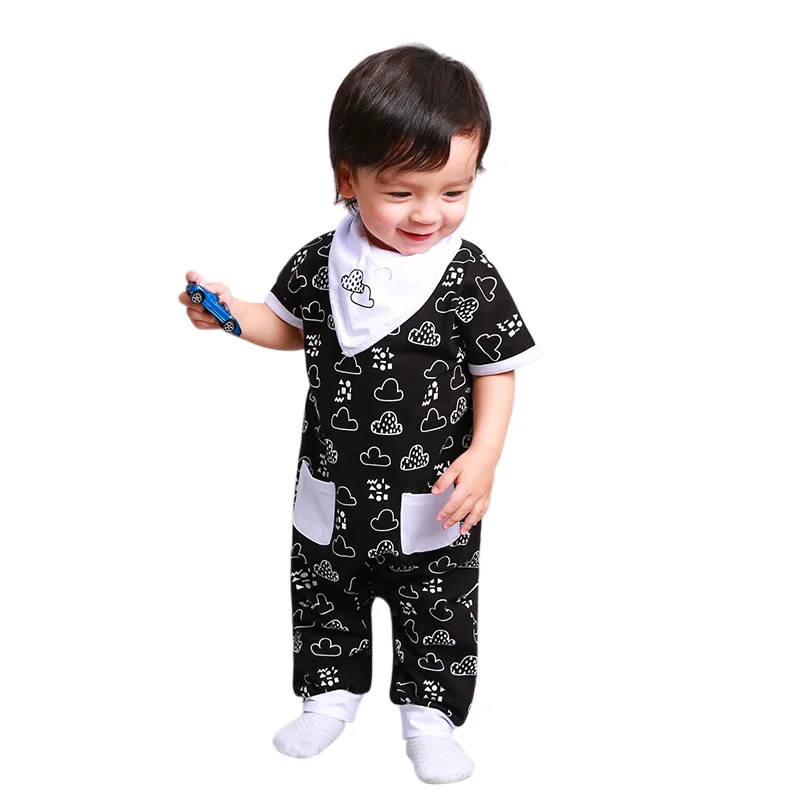 

European Style Baby Bib Cool Geometry With Pocket Full Print Summer Baby Boy Jumpsuit, Grey;black