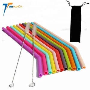 Image of long Flexible Curved Silicone Drinking Straws with cleaning brushes for Juice Smoothies Coffee