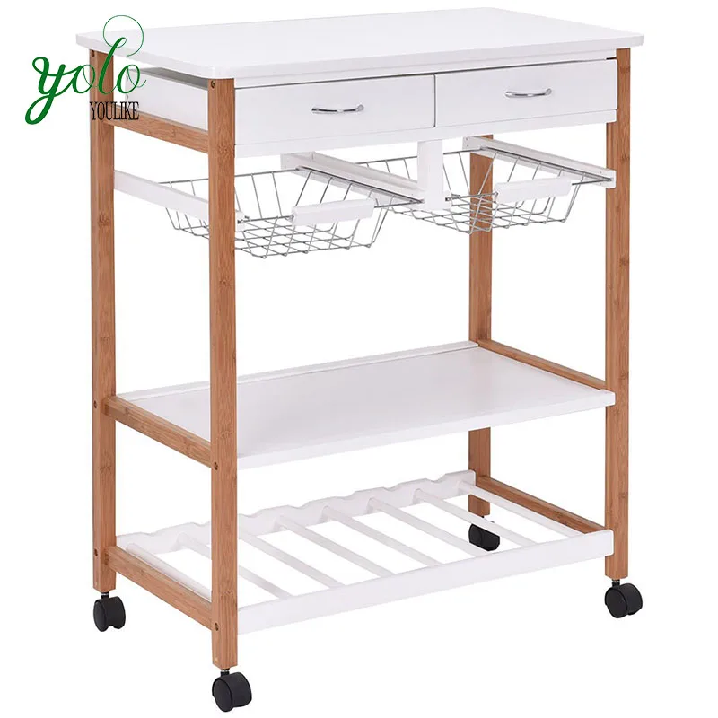 White Rolling Wood Kitchen Trolley Cart With Storage Basket Buy Wood