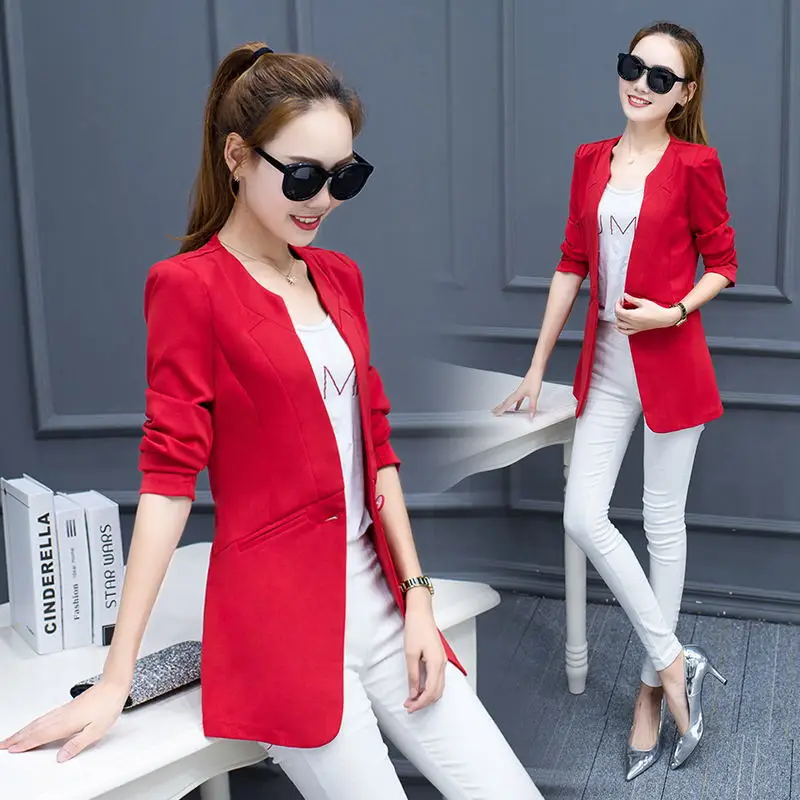 

Women's Juniors Work Office OL Open Front Round O neck One Button Suit Boyfriend Long Slim Fit Blazer Business jacket