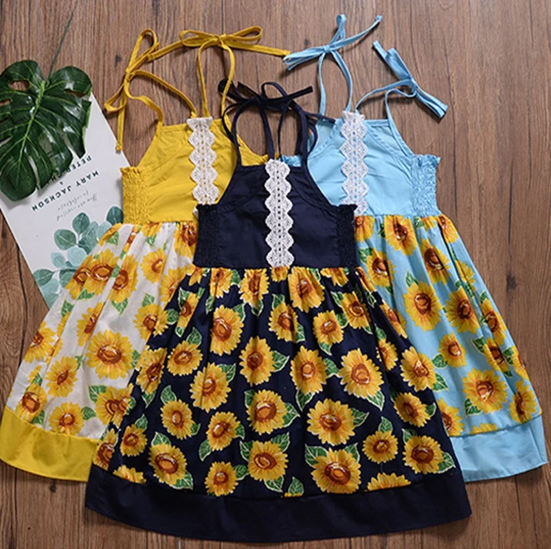 

2019 Hot Style Summer Printed Dress For Girls European Baby Tide Fan Sunflower Spaghetti Strap Dress With Princess Dress, Picture shows