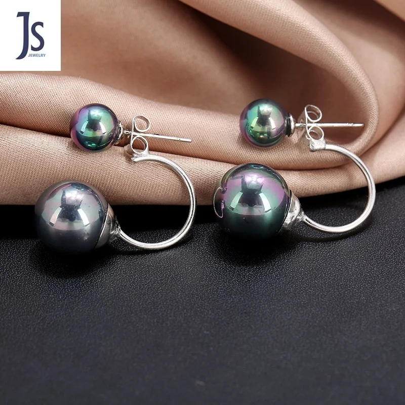 

fancy Women 925 Sterling Silver Round Stud gray Shell Pearl Earrings