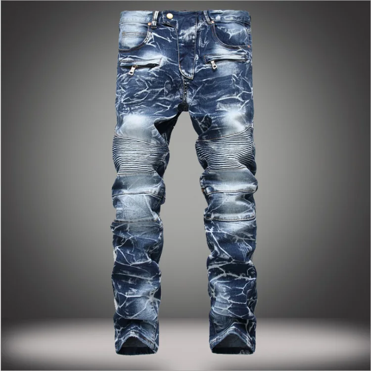 

New men Biker jeans ripped denim slim motorcycle pant classic hip hop skinny casual stretch jeans locomotive retro straight jean, Picture color