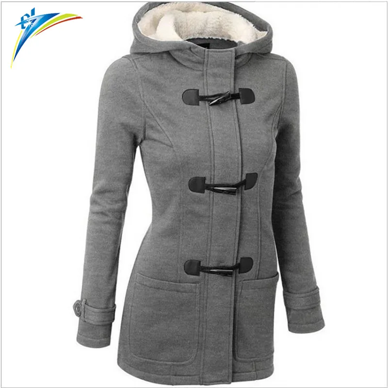 2019 autumn hot sale women long hooded jacket horn button thicken wool lady plus size coat
