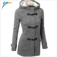 

2019 autumn hot sale women long hooded jacket horn button thicken wool lady plus size coat