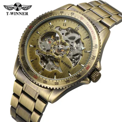 

WINNER 2019 Fashion Military Watch Men Auto Mechanical Skeleton Dial Copper Stainless Steel Strap Mens Watches Top Brand Luxury