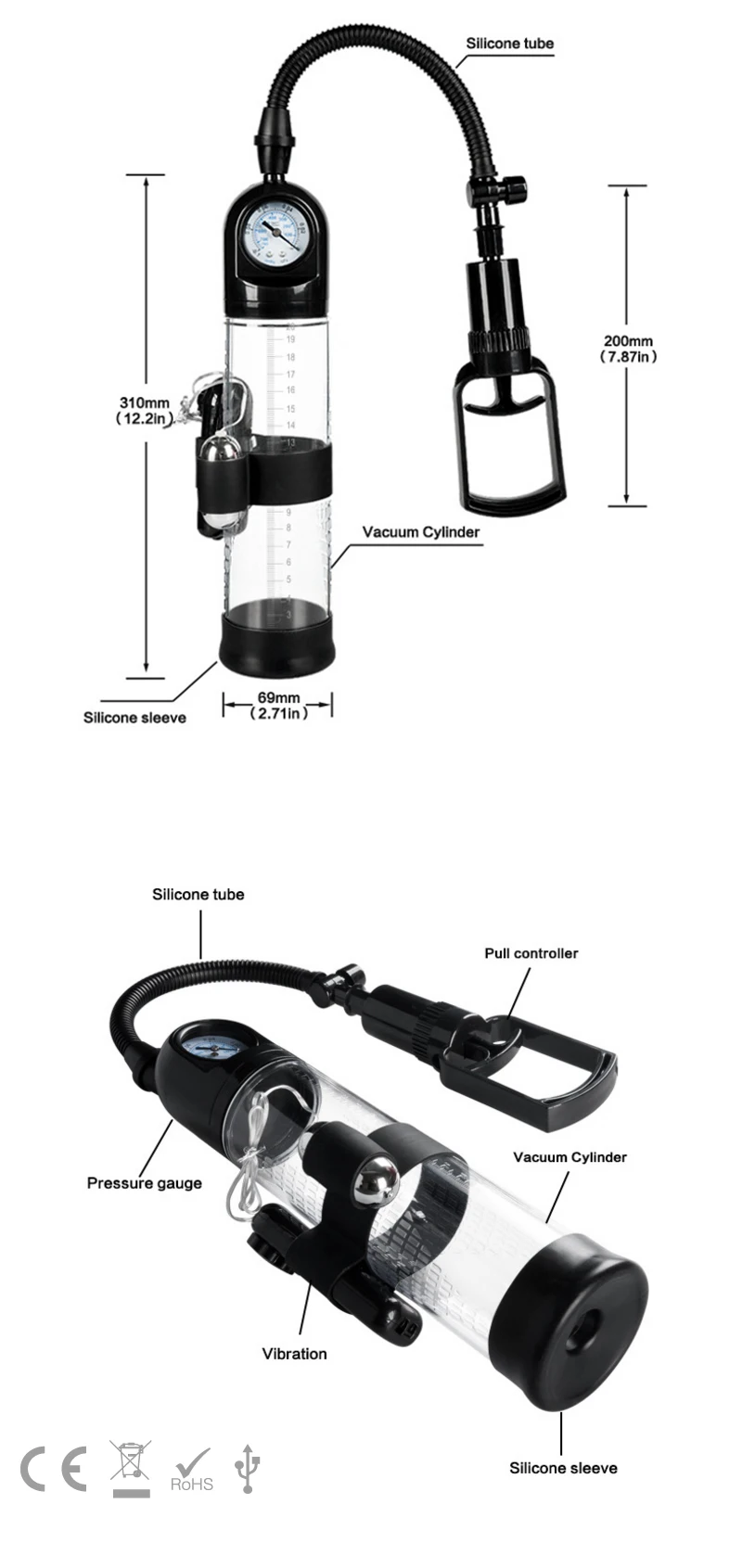 Vacuum Sex toys Gauge Penis Pump with remote vibrator for men