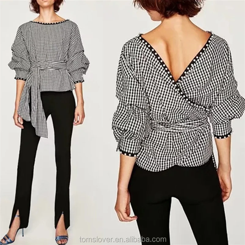 

Pearl Decoration Long Sleeve Women Tops Waist Belt Wrap Backless Tops, As shown