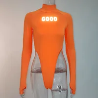 

Sexy Bodysuit Reflective Letter High Cut Long Sleeve Body Suits for Women Lime Green Neon Orange Clubwear Fall