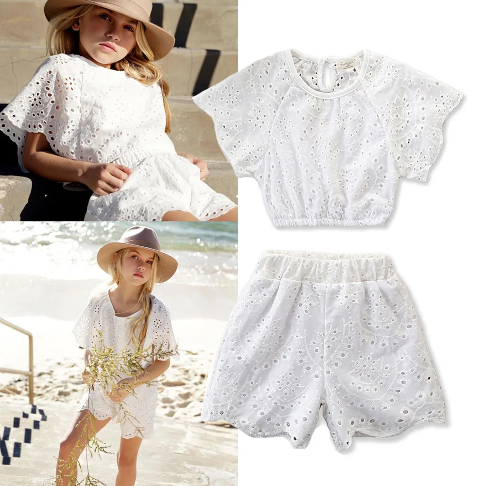 

Summer Children Clothes 2019 In Stock Plain White Lace Crochet Short Sleeve Girls' Clothing Set, N/a