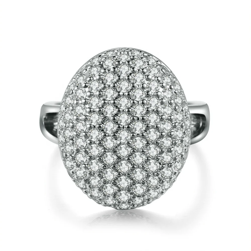 

Large White Gold Plated Full Micro Pave Clear Cubic Zirconia Cocktail Statement Party Dome Ring R535, Silver color