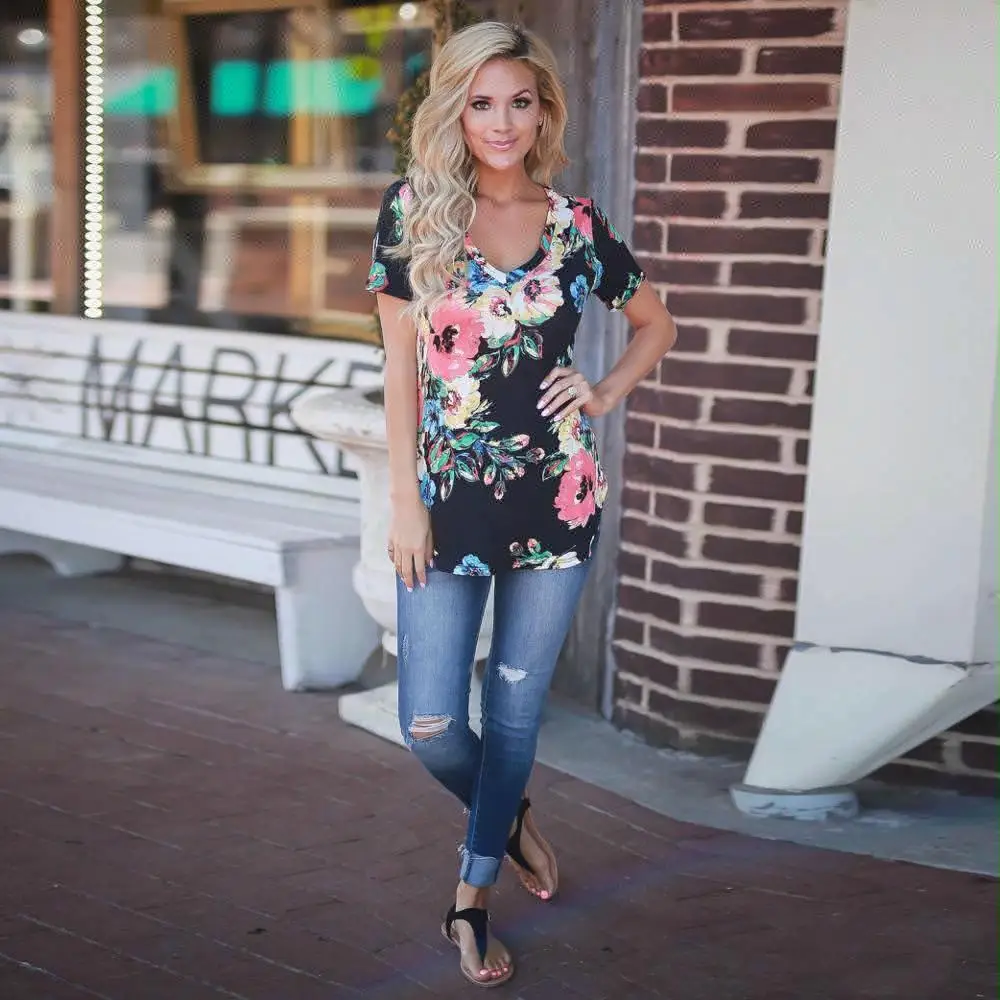 

MS-160 2018 Hot style floral print short sleeve t shirts for women summer boutique tops wholesale, 2 colors, according to the picture show