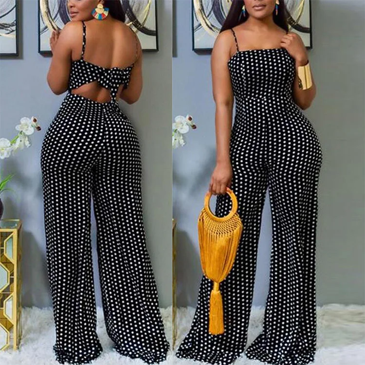 

Elegant Black Strap Sleeveless High Rise One Piece Polka Dot Jumpsuit Women