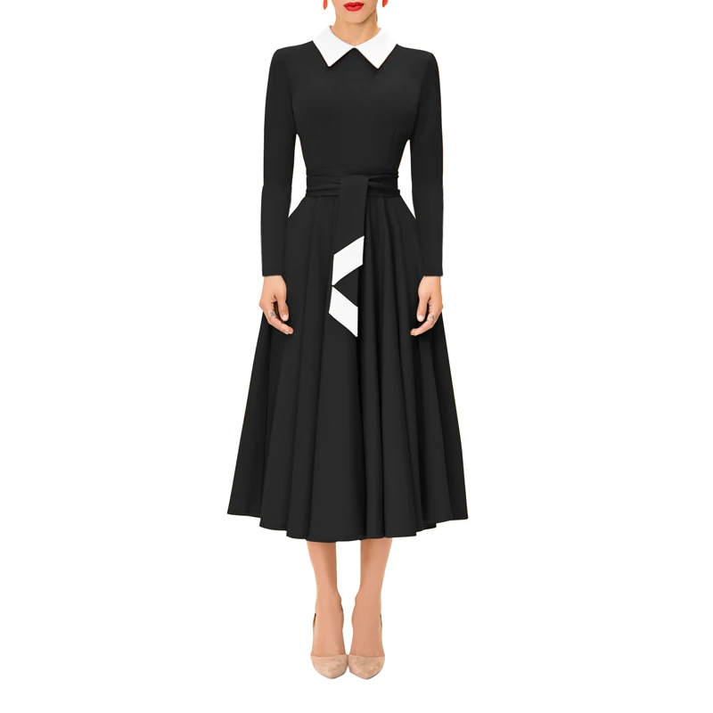 

Women elegant Black Vintage Peter Pan Collar formal office Midi Dress