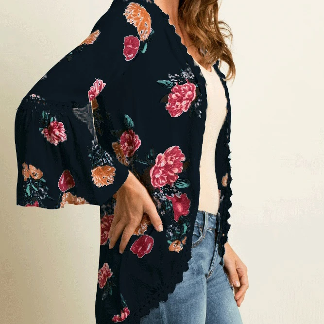 

Retro Women Floral Chiffon Fringe Loose Blouse Kimono Jacket Cardigan Top Casual, As show