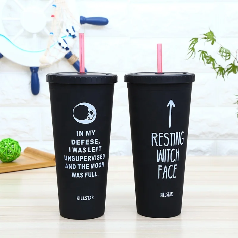 

Hot sale reusable 24oz Black Frosted Plastic Straw Tumbler Cup with Lids, Solid color, custom color