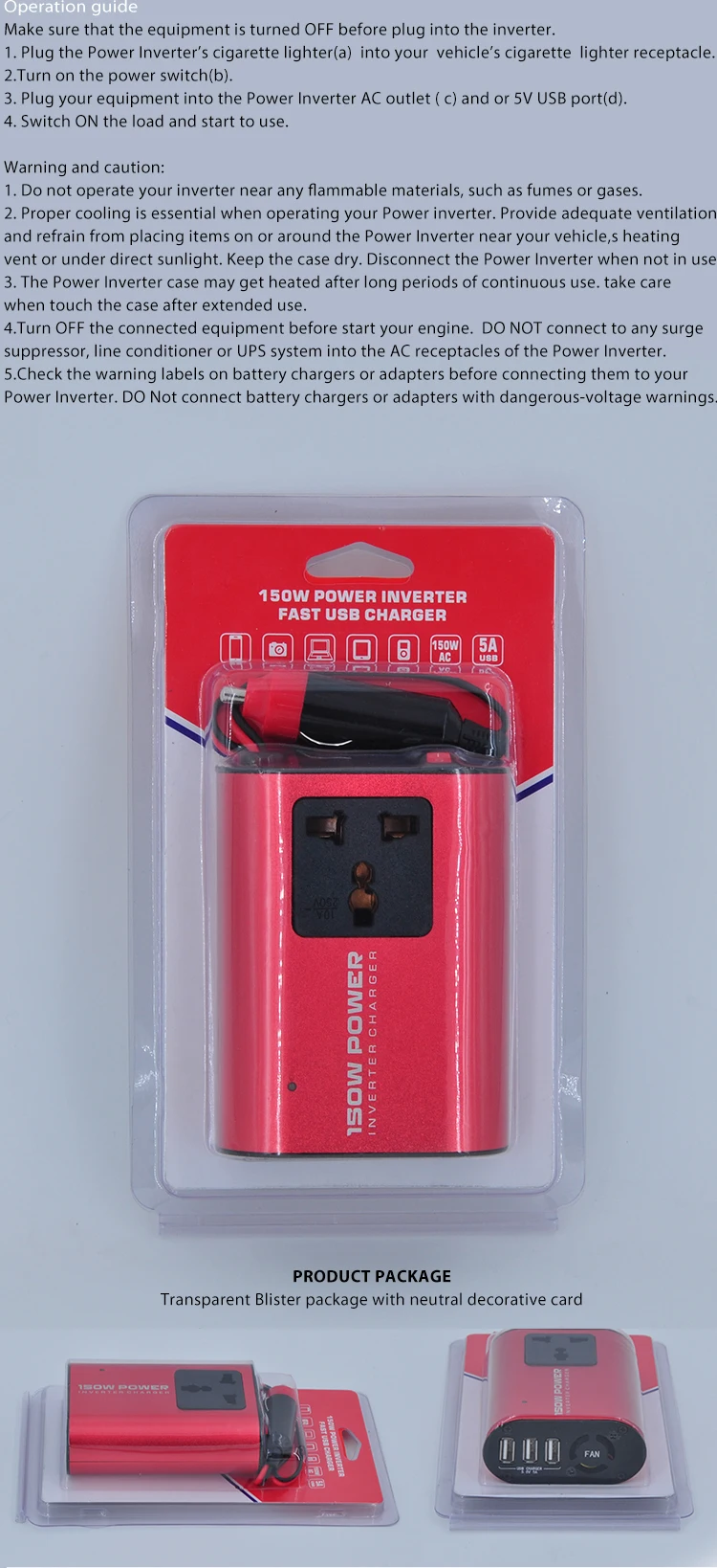 150W 12V to 120V 220V DC to AC power car inverter 5V 5A 3 ports USB charges