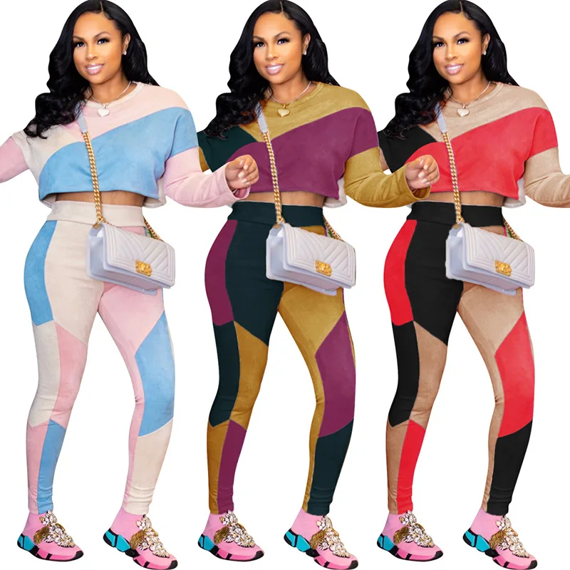 

casual sportswear hoody patchwork sweatsuit custom jogging sweat suits for women, Custom pantone color