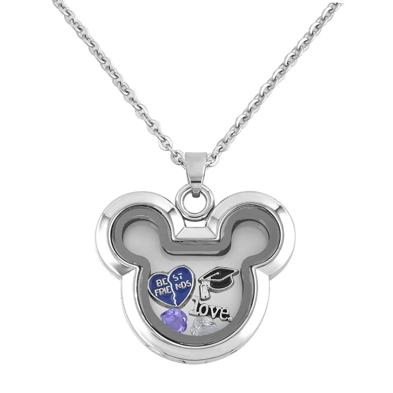Mickey Mouse Silver Floating Charm Locket with Chain and Birthstones
