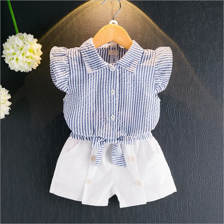 

F10231A Korean little girls striped shirt + shorts suits wholesale children's clothing, As picture