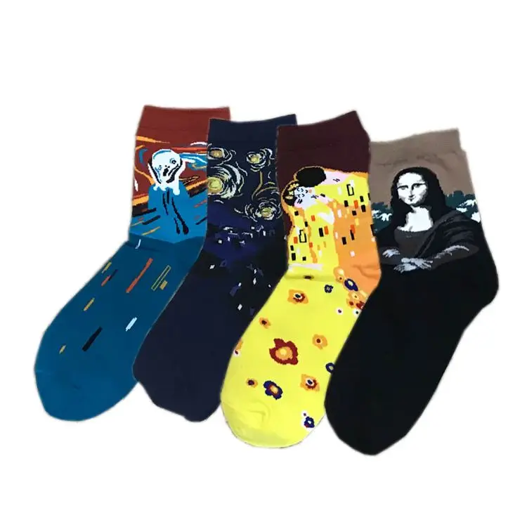

Hot sale Colourful World Famous Painting Pattern Funny Custom Made Design Happy man sock, Custom color