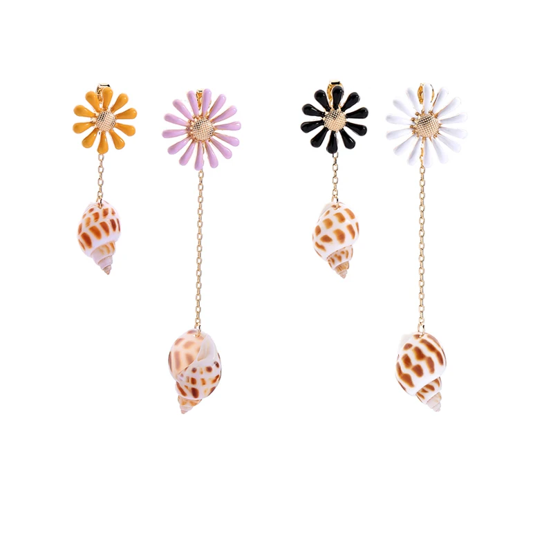 

ed02140d Ins Style Fashion Jewel Mismatch Asymmetric Gold Plated Multi Color Enamel Daisy Flower Trumpet Shell Conch Earrings