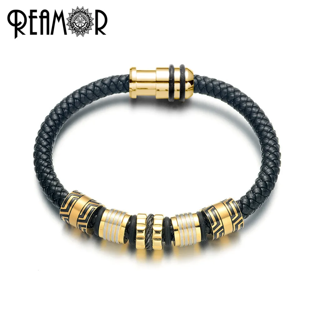 

REAMOR Hardwork Line 2020 Men Glold Plating CNC Bead Genuine Leather Weave Bracelet Luxury Handmade Jewelry for Unsex Adults