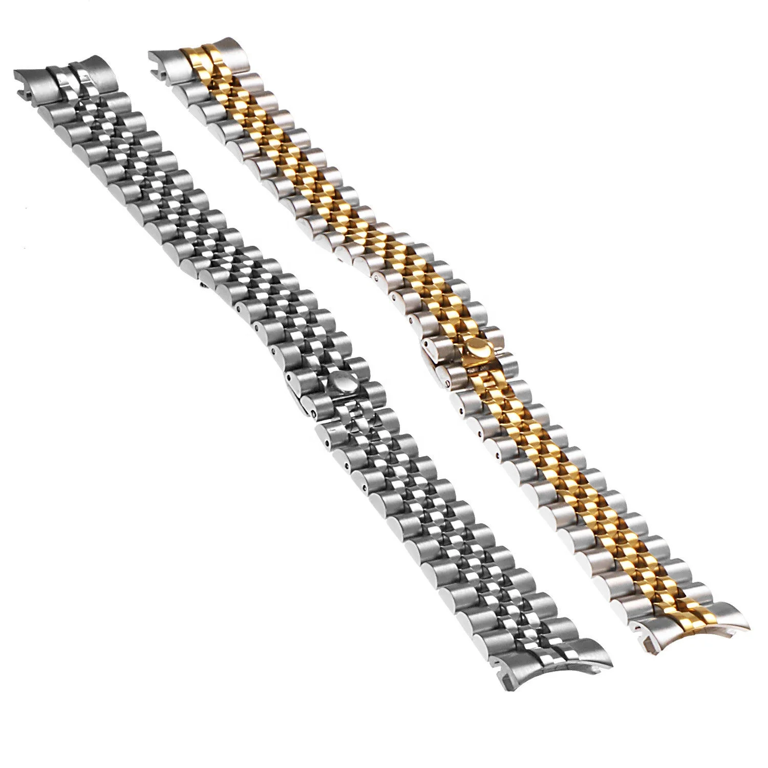 

Ready to ship 13mm 17mm 20mm Stainless Steel jubilee gold solid curve end 2 tone gold watch strap