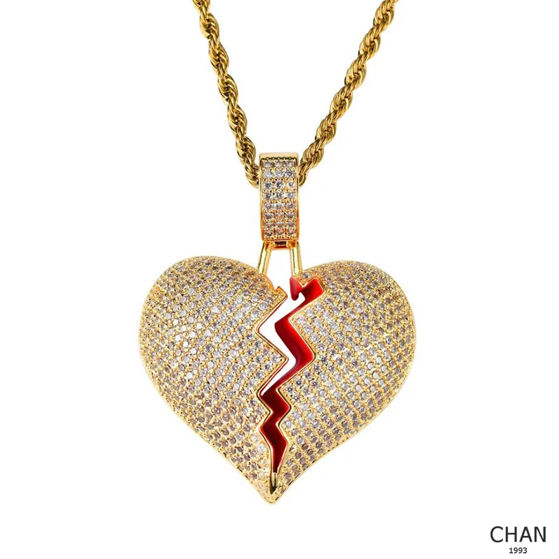 

Heartbreak Pendant Gold 2018,Broken Heart Chain Necklace & Pendant Iced Out Bling Zircon Hiphop Jewelry, Silver/black/gold/rose gold/blue avalibale