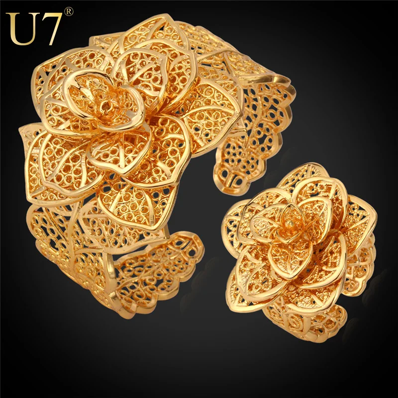

U7 platinum / 18k gold plated hollow flower women wedding bridal bracelet ring set vintage weeding jewelry set, Silver/gold color