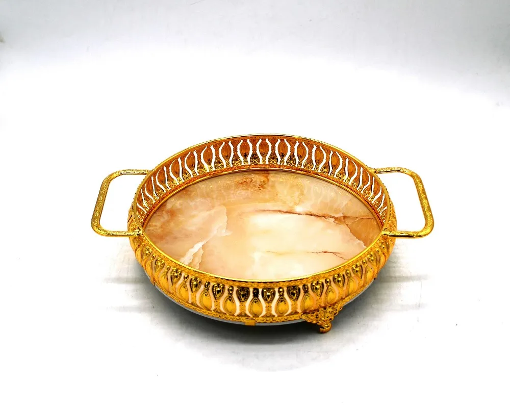 Golden Round Marble Tray Serving For Hotel & Home With Two Handles