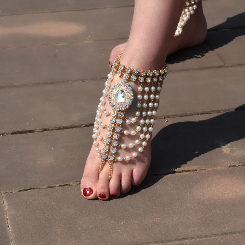 

180801709 pearl bead anklet women foot luxury jewelry crystal rhinestone foot bracelet for girls party beach party, As photo