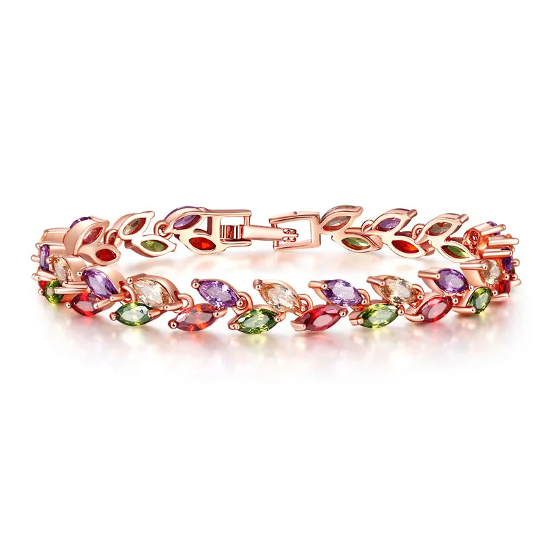 

High Quality Colorful Crystal Diamond Leaf Bangles Rose Gold Plated Zircon Bracelet for Women