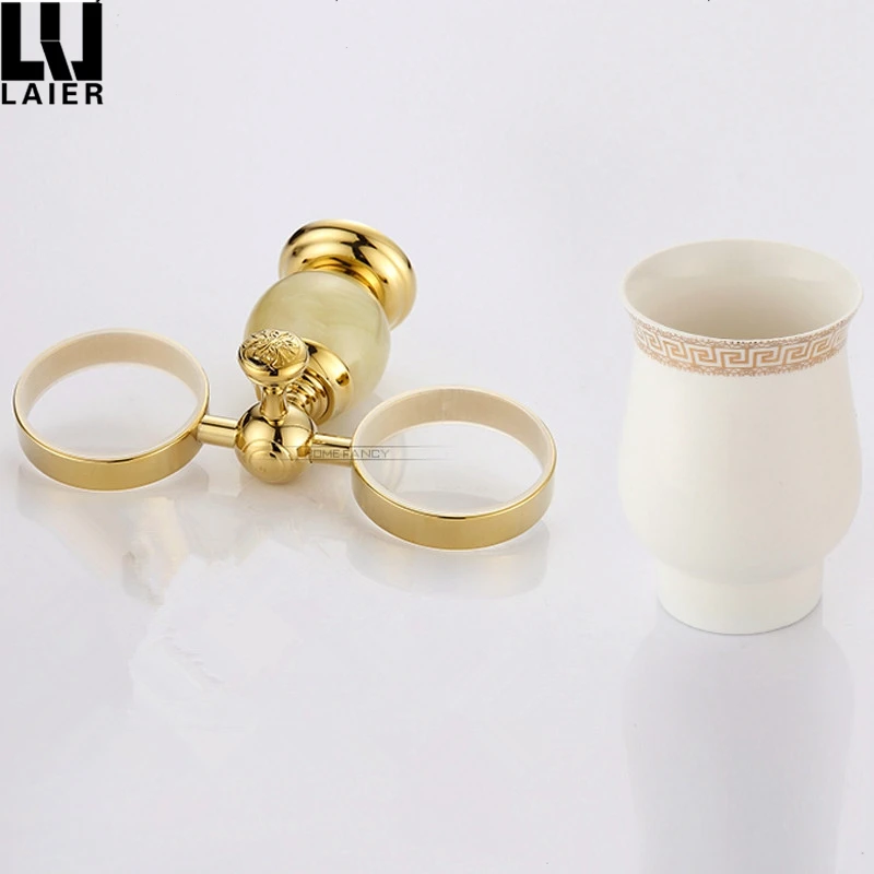 
Gold Sanitary Accessories for Bathroom Tumbler Holders Double with Jade Stone Decor Ceramic Cup 