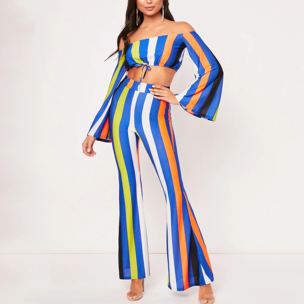 

Promotion fashion beautiful colorful stripe bell-bottomed african print pant set women fancy wholesale african clothing patterns, Colorful two piece set african clothes