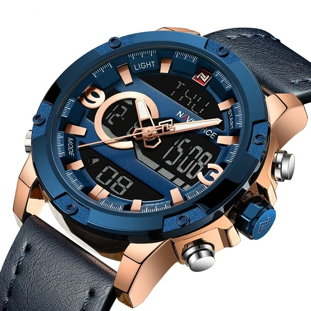 NAVIFORCE Watch 9097 Luxury Waterproof Leather Watches Men Wrist Digital Quartz Dual Display Man Wristwatches Relogio Masculino
