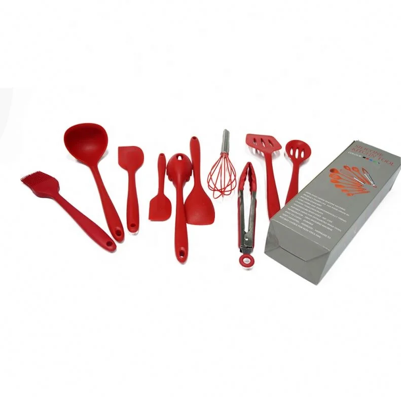 

Food Grade Silicone Kitchen Utensils Heat Resistant Cooking Utensil Set 10Pcs, Black, red