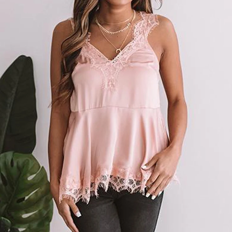 Women Pink Sexy Tank Top Sleeveless V Neck Lace Sexy Vest Tops Fashion Party Summer Top Women 5306