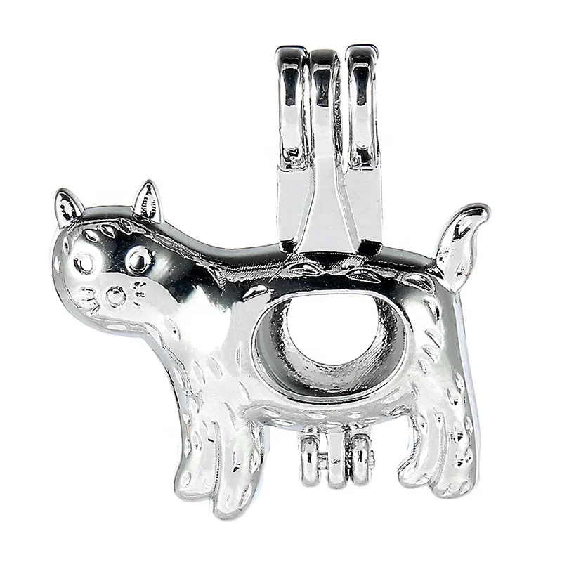 

Open Cute Cat Oyster Pearl Cage Pendant Silver Plated Essential Oil Diffuser Bead Locket for Perfume Necklace Jewelry, Antique silver