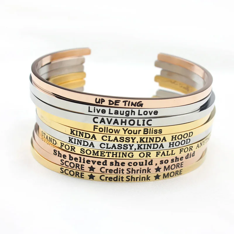 

Cuff Bracelet Inspirational Gold Engraved Stainless Steel Jewelry, Colors are available